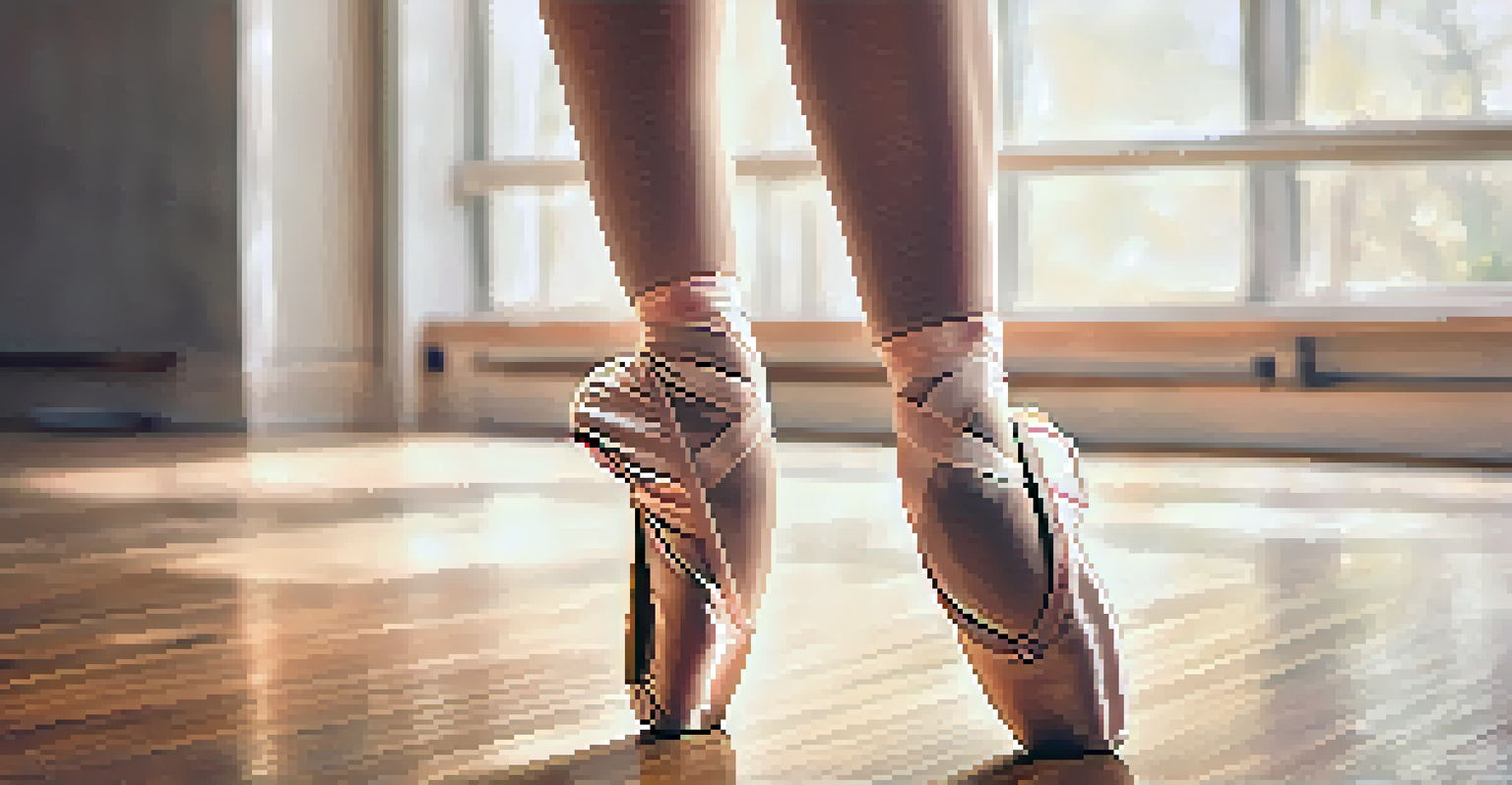 A close-up of a dancer's feet in ballet shoes on a wooden floor, with a soft focus background of a dance studio.