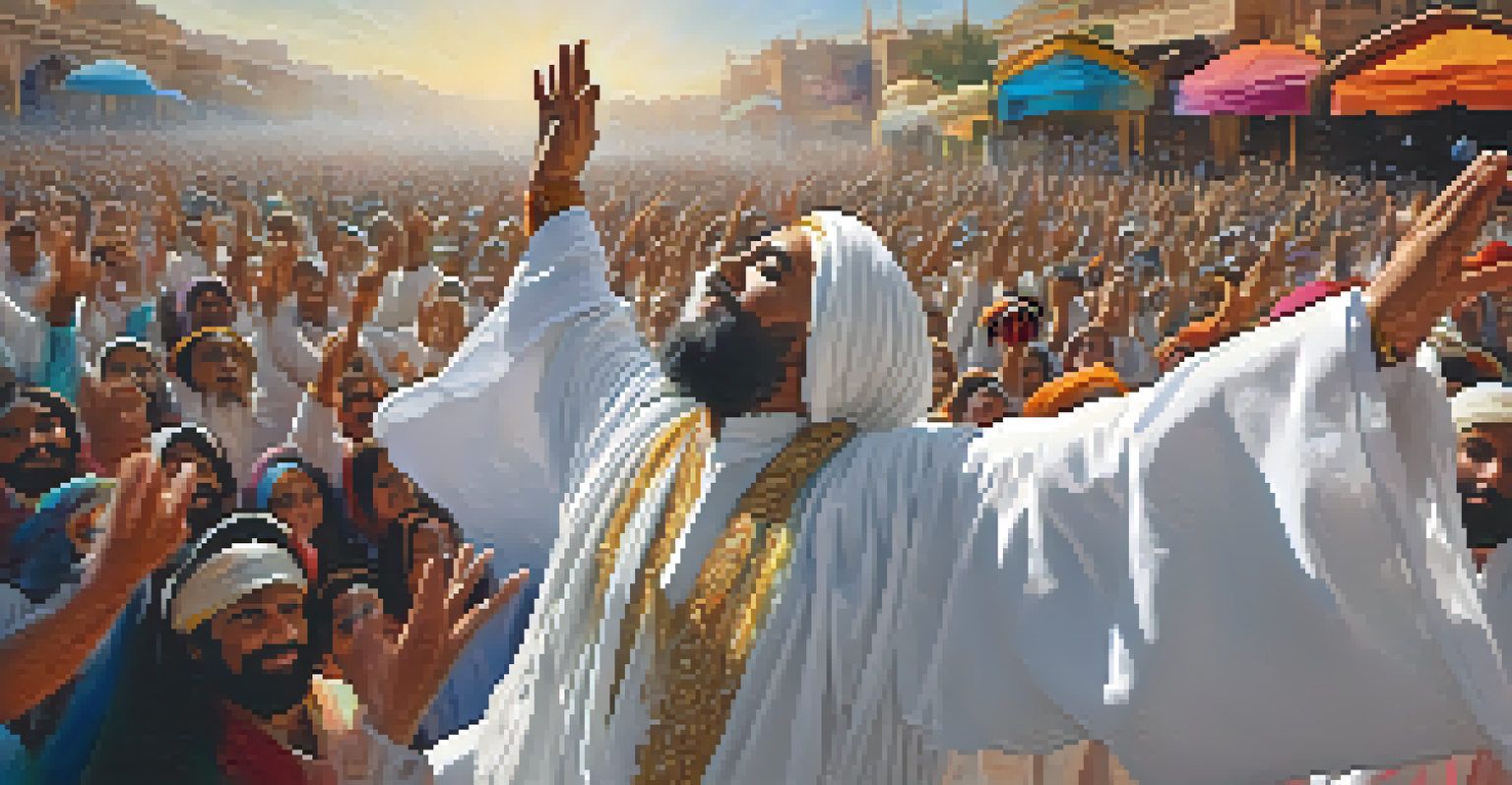 A close-up of a Sufi dancer's hand raised toward the sky, with a blurred crowd in the background, highlighting the details of the garment and hand movement.