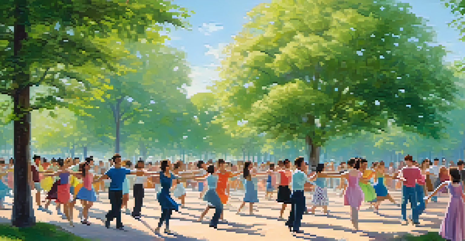 An outdoor dance class in a park with participants of all ages joyfully engaging in a salsa routine, surrounded by nature.