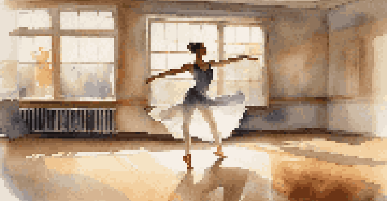 A solo dancer practicing improvisation in a sunlit dance studio with wooden floors and large windows.