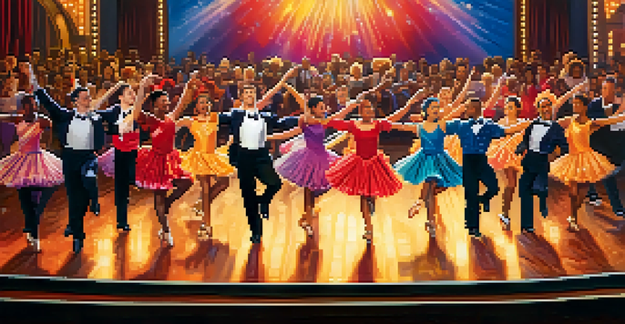 A group of diverse tap dancers performing on a brightly lit Broadway stage, showcasing their colorful costumes and joyful expressions.
