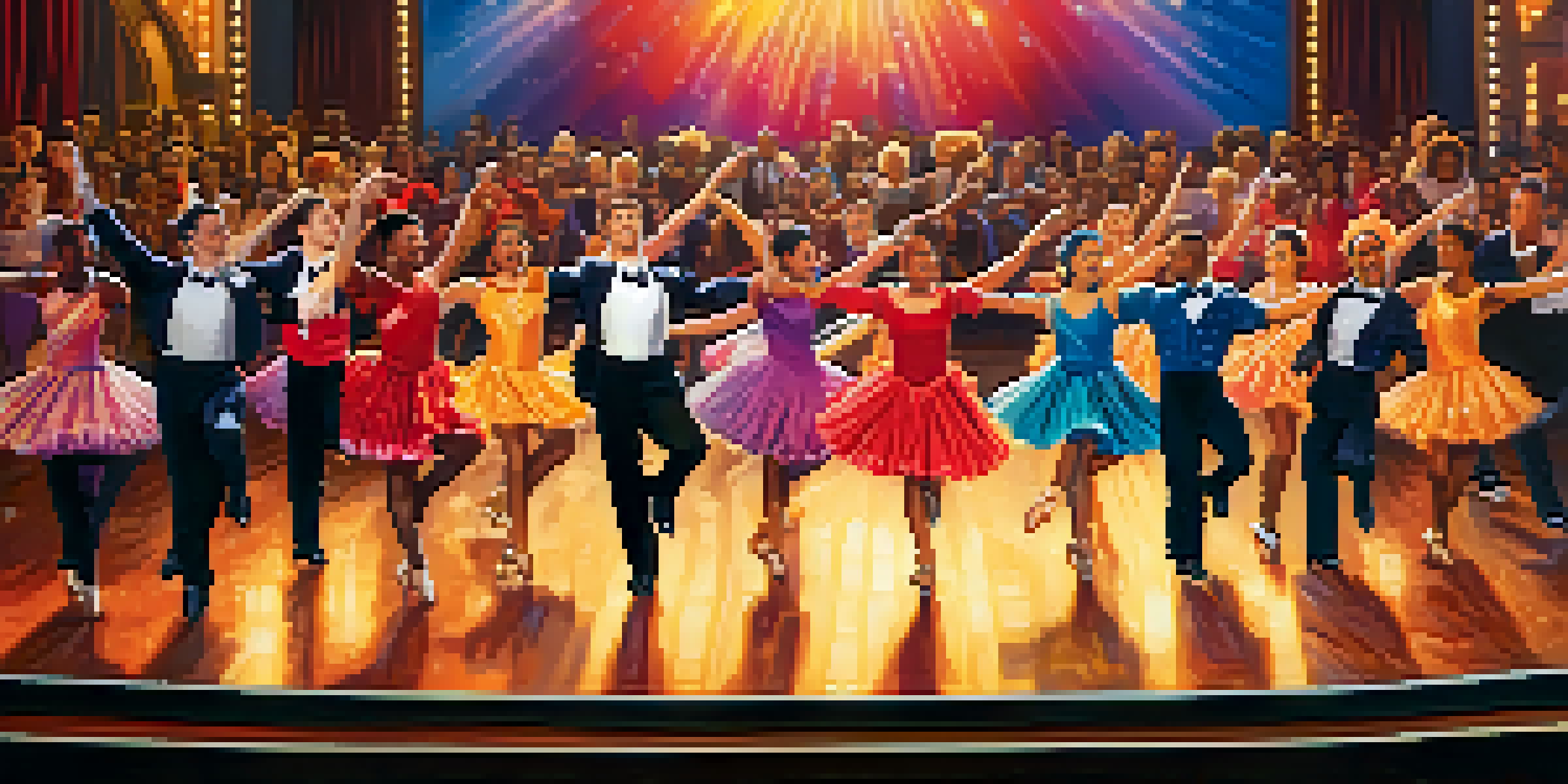 A group of diverse tap dancers performing on a brightly lit Broadway stage, showcasing their colorful costumes and joyful expressions.