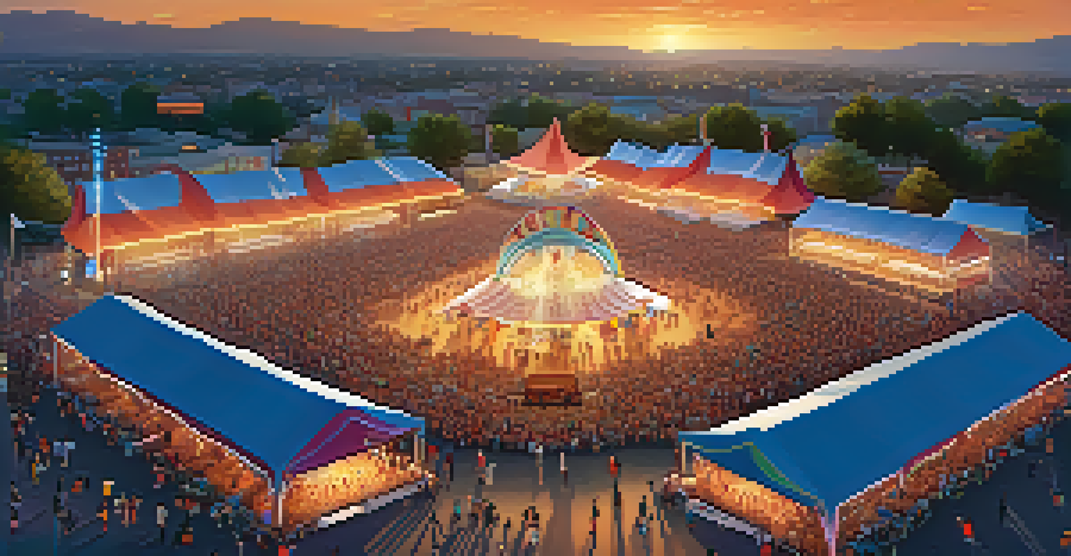 An aerial view of a lively dance festival at sunset, with colorful stage lights, a diverse crowd, and food stalls under a beautiful sky.