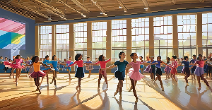 A diverse group of students practicing a dance routine in a bright gymnasium filled with colorful decorations and warm sunlight.