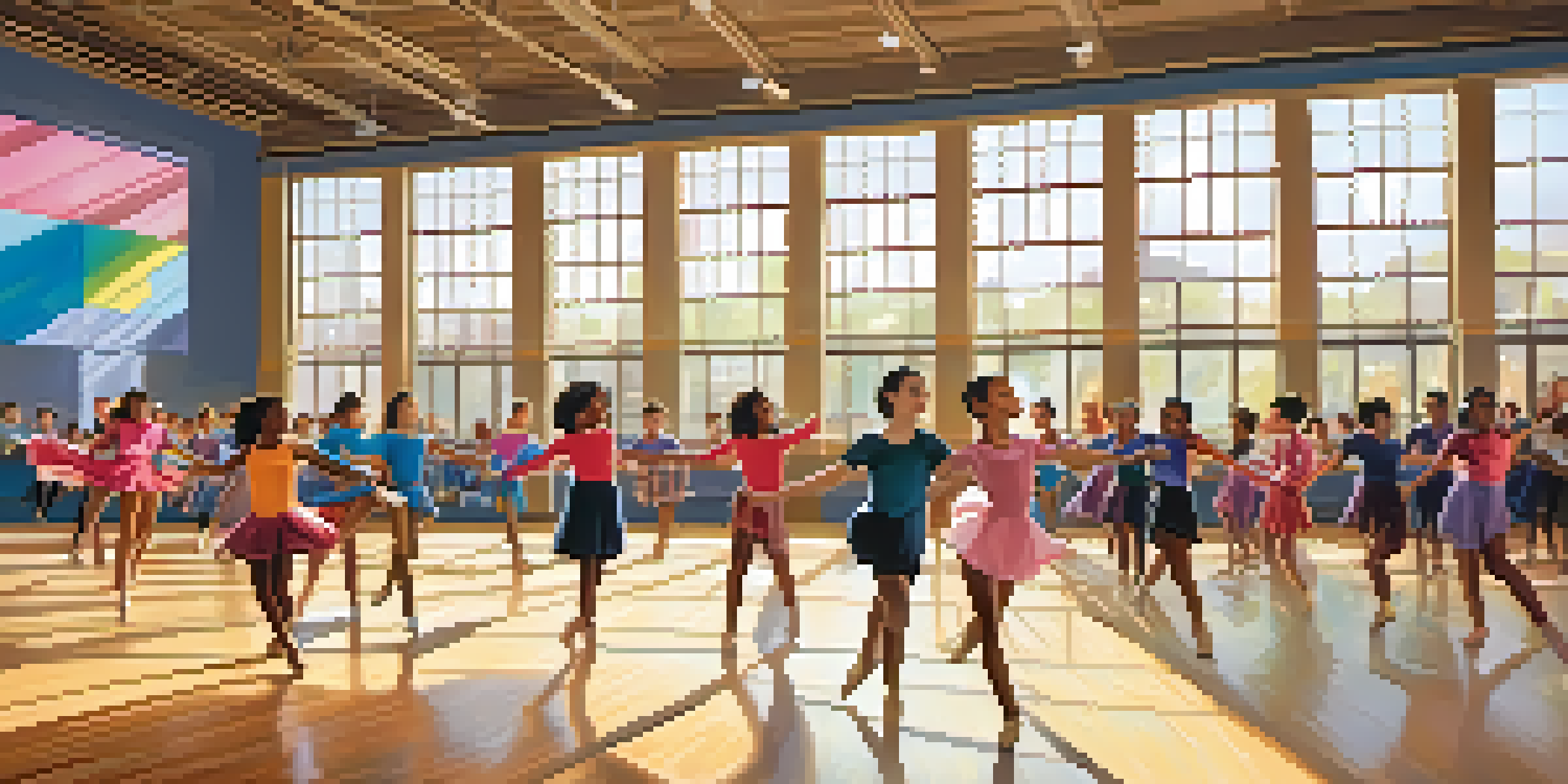 A diverse group of students practicing a dance routine in a bright gymnasium filled with colorful decorations and warm sunlight.