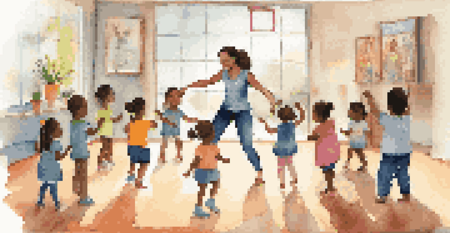 A dance therapist leading children in a circle, promoting connection and emotional expression through dance.