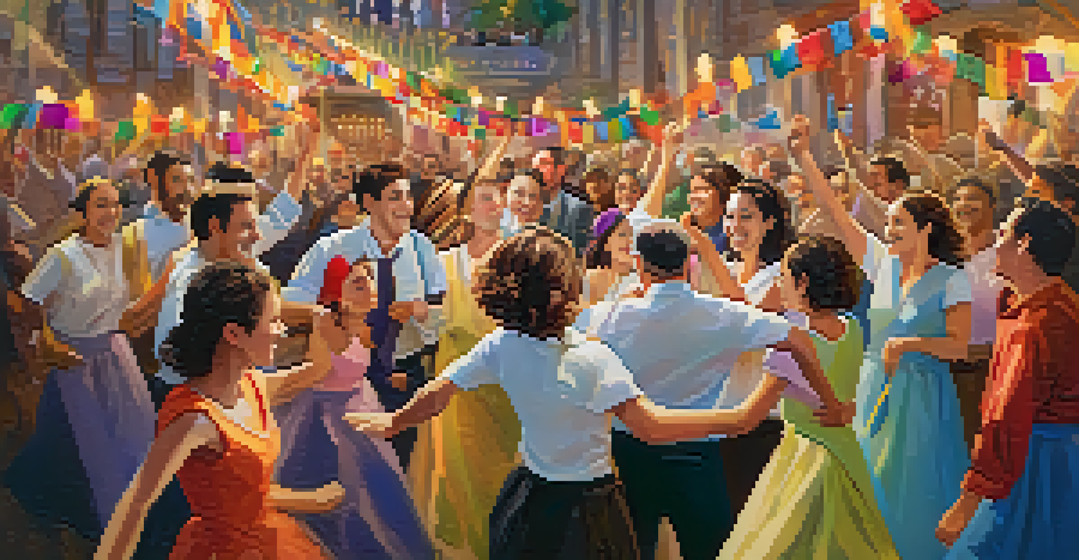 Participants joyfully dancing with Torah scrolls during Simchat Torah, surrounded by festive decorations and expressions of happiness.
