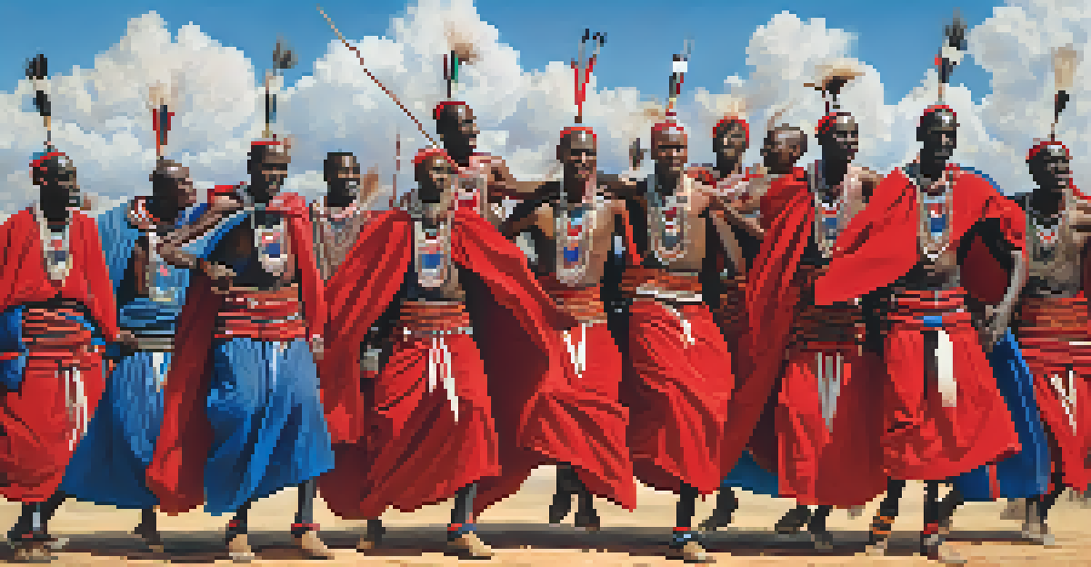 Maasai warriors performing the 'Adamu' jumping dance, captured in mid-air, wearing traditional red shuka cloth and beadwork, with spectators in the background.
