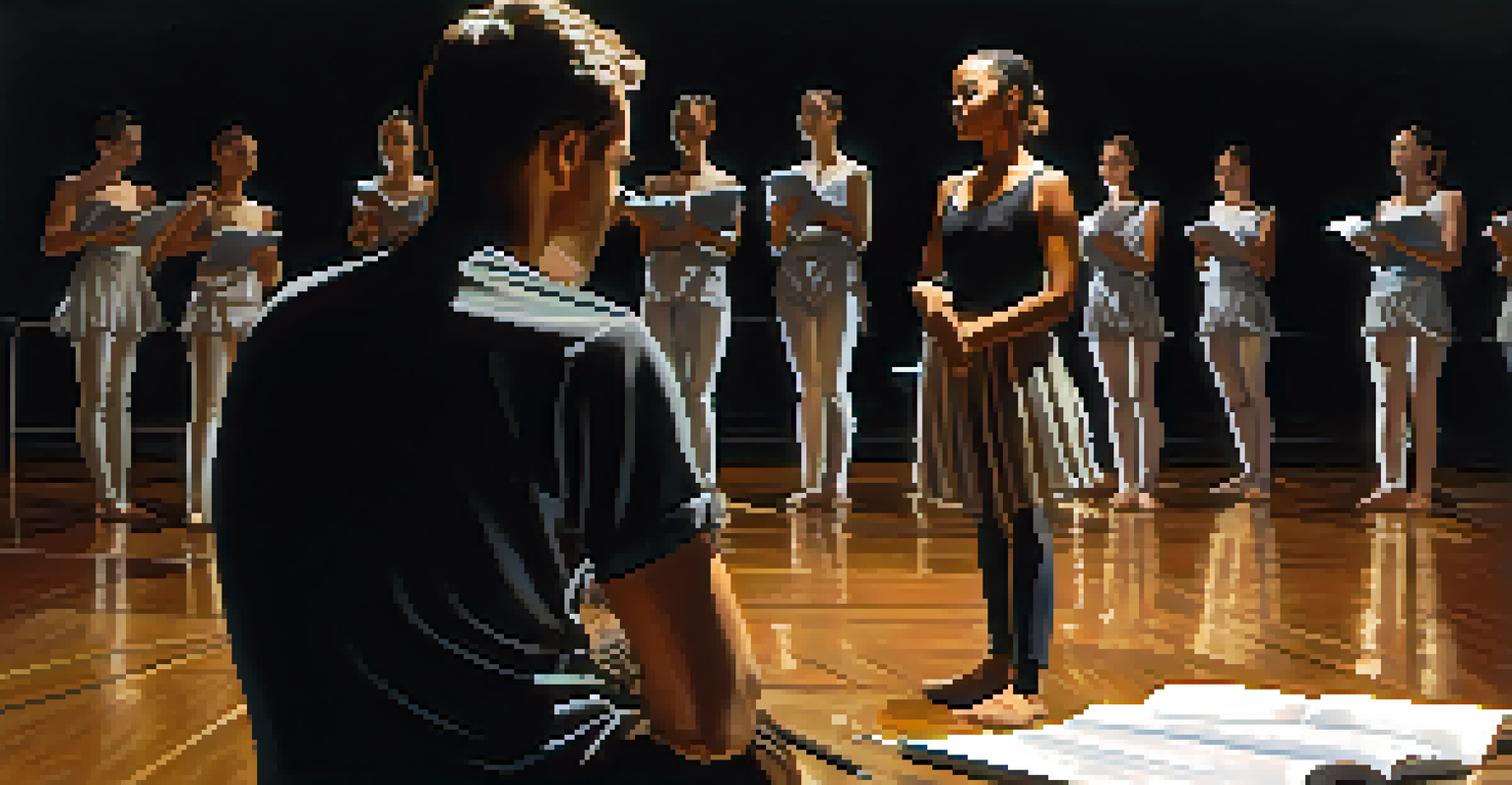 A focused choreographer taking notes during a rehearsal in a dimly lit studio, with dancers performing in the background.