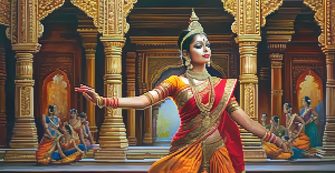A traditional Indian dancer performing Bharatanatyam in colorful attire with a temple backdrop, illuminated by warm light.