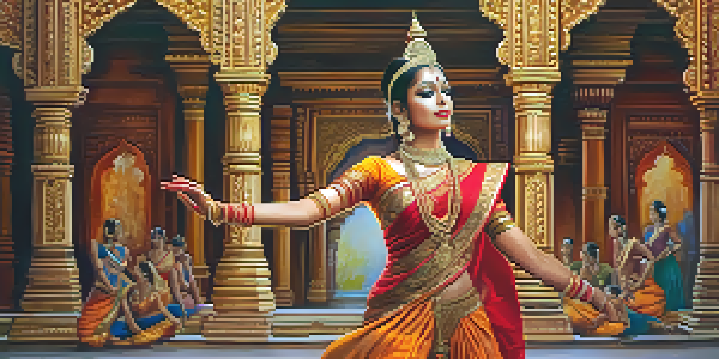 A traditional Indian dancer performing Bharatanatyam in colorful attire with a temple backdrop, illuminated by warm light.