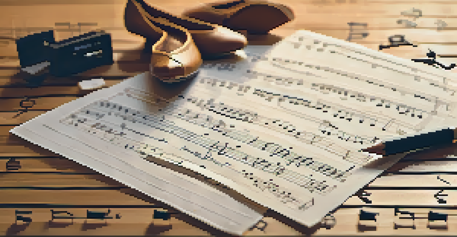 Close-up of a dance notation score with a pencil and dance shoes on a wooden table.