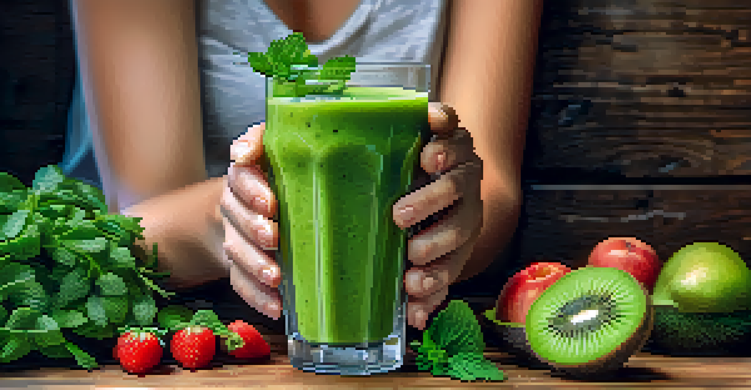 A close-up view of hands holding a vibrant green smoothie garnished with kiwi and mint, placed on a rustic wooden table.