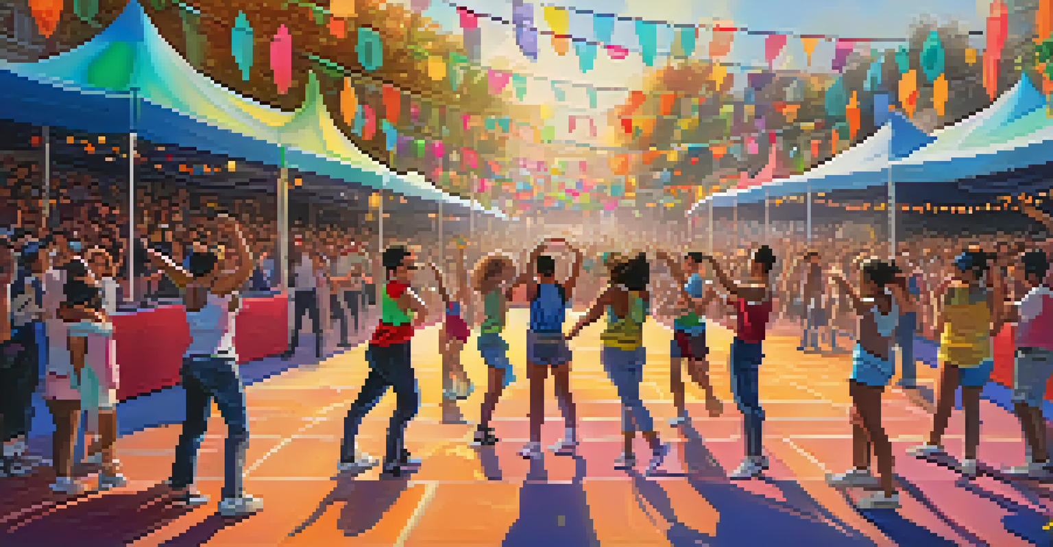 A lively outdoor dance competition with participants using augmented reality effects, and an engaged audience interacting with visuals on their smartphones.