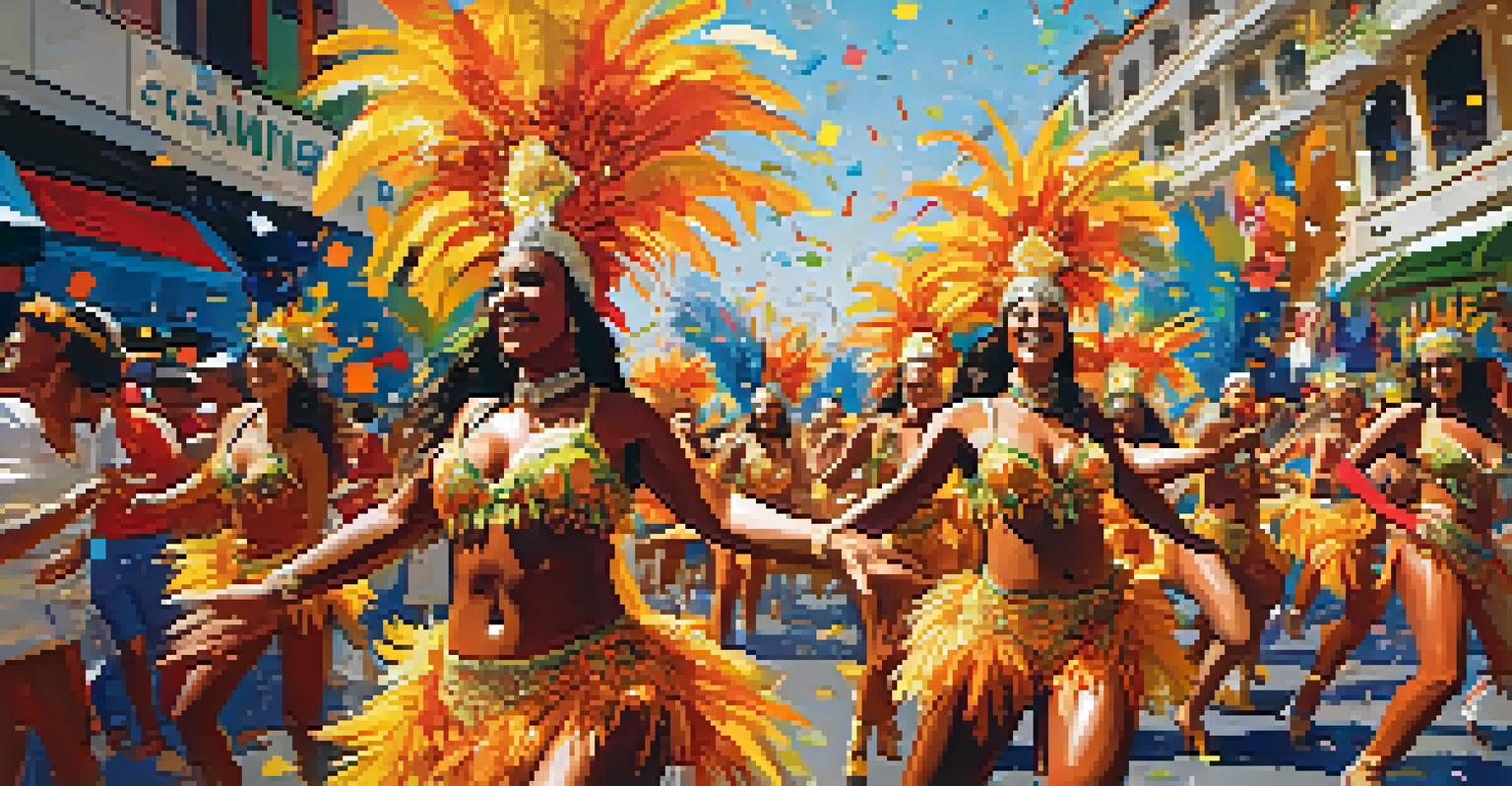 Dancers in colorful costumes performing Samba during a Carnival parade in Rio de Janeiro, filled with excitement and confetti.