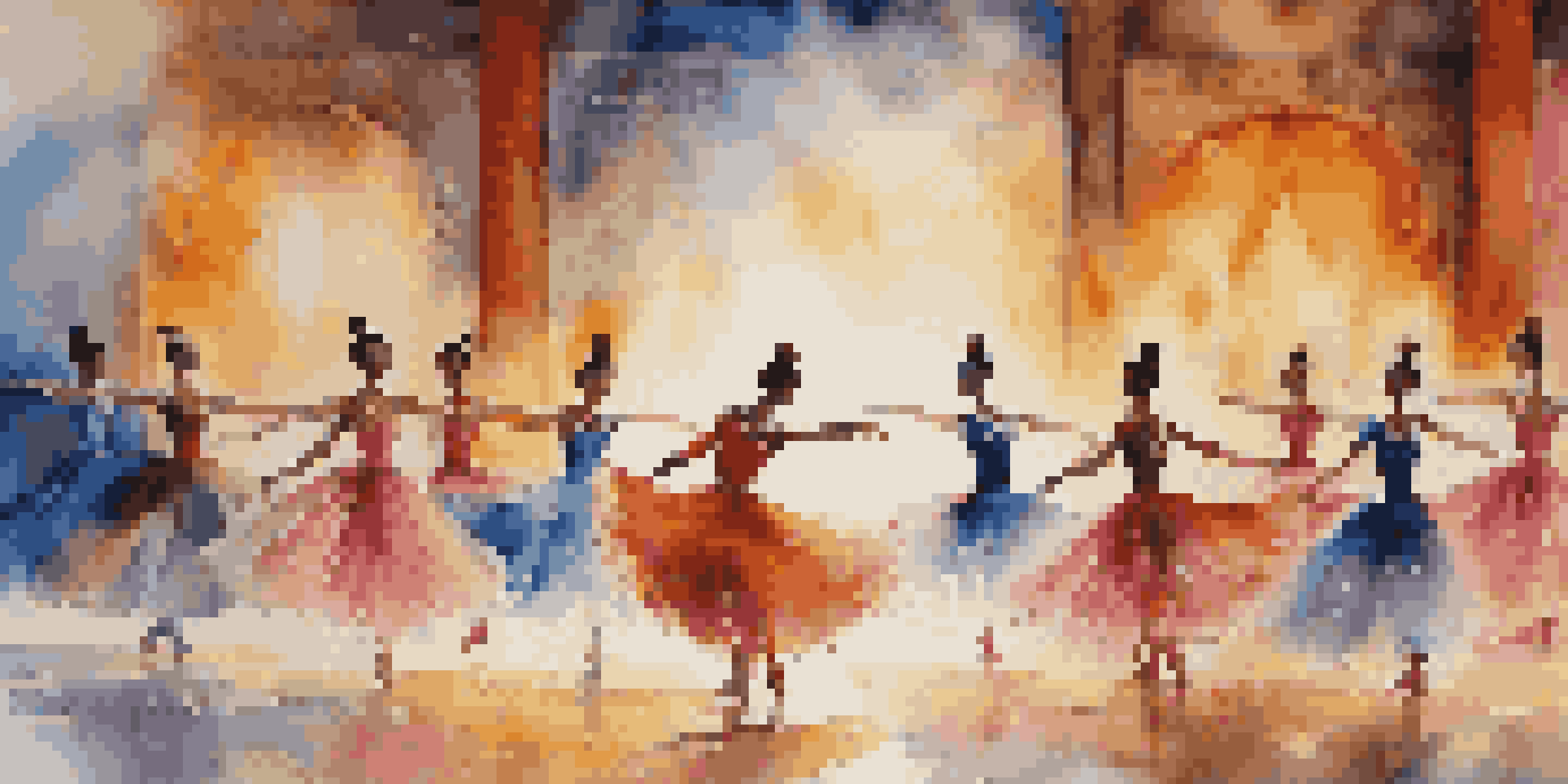 A lively ballet performance with dancers wearing colorful traditional costumes, showcasing fluid movements on stage with a painted cultural backdrop.