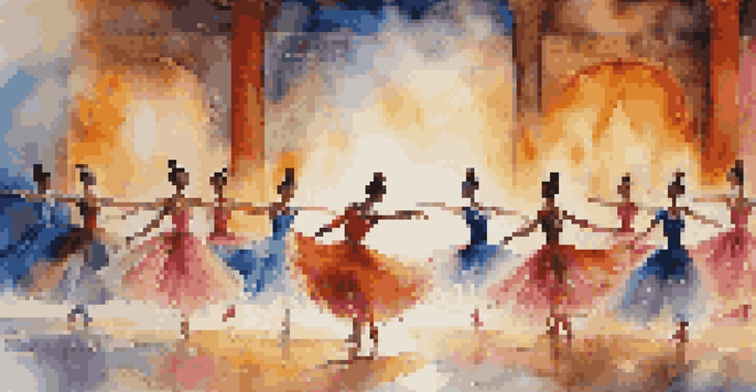 A lively ballet performance with dancers wearing colorful traditional costumes, showcasing fluid movements on stage with a painted cultural backdrop.