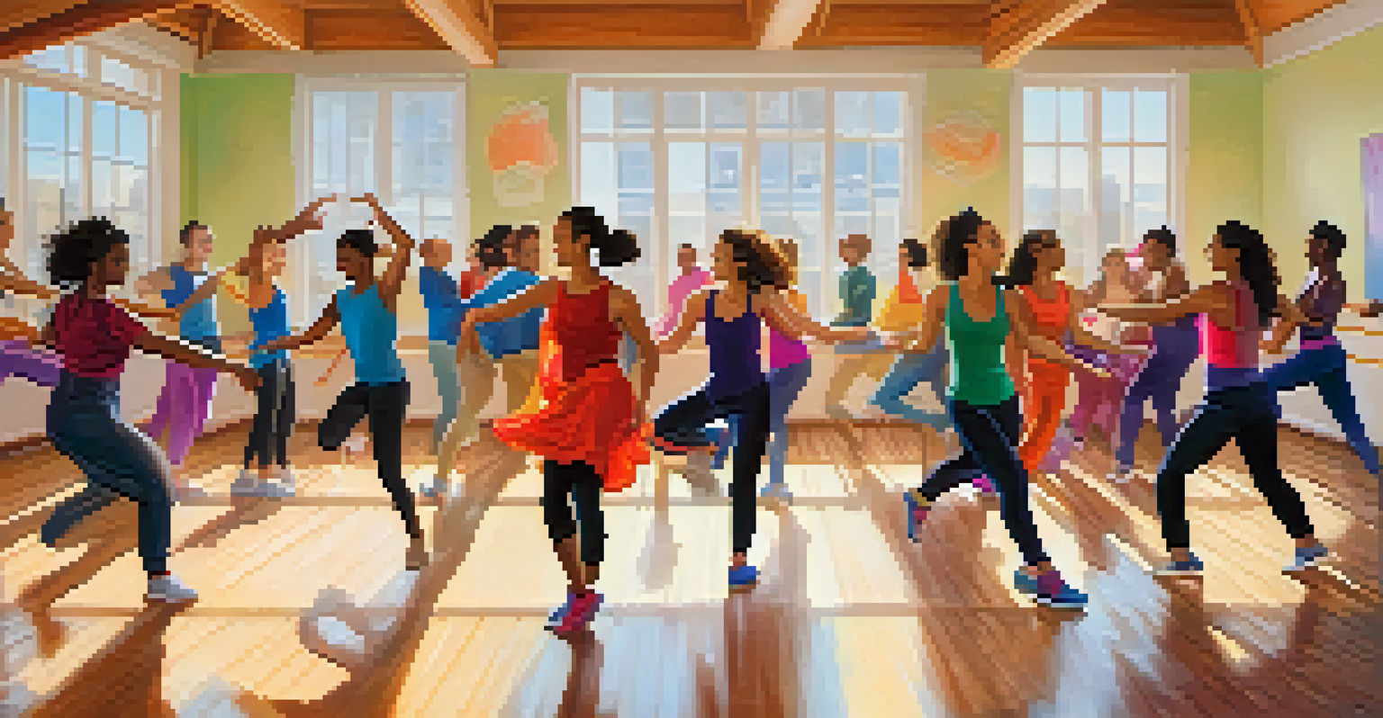 A lively group dance class filled with diverse participants moving joyfully in a spacious studio.