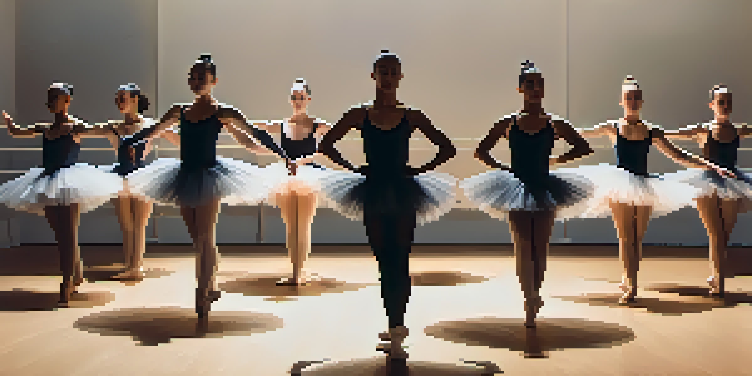 A diverse group of ballet dancers in mid-performance, showcasing fluid gender identities on a minimalist stage with warm lighting.