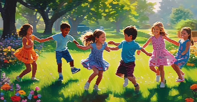 A group of children dancing in a circle in a bright, sunny park, surrounded by flowers and trees, expressing joy and playfulness.
