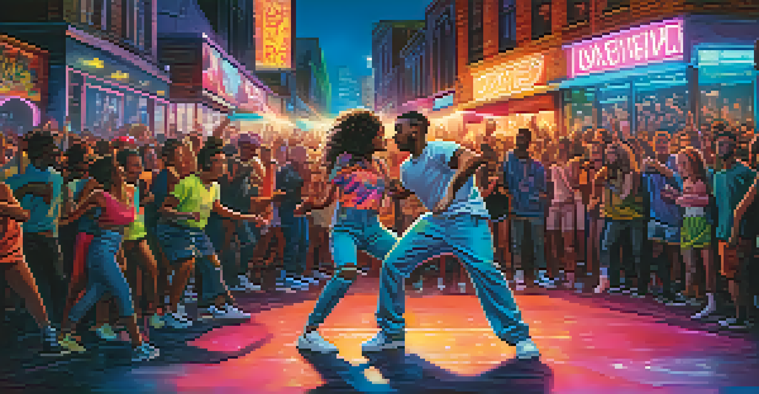 A nighttime street dance battle under neon lights, with two dancers competing and a lively crowd in the background.