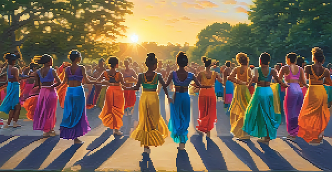 A group of diverse young dancers performing outdoors at sunset, surrounded by trees and a cheering crowd, showcasing their colorful costumes.
