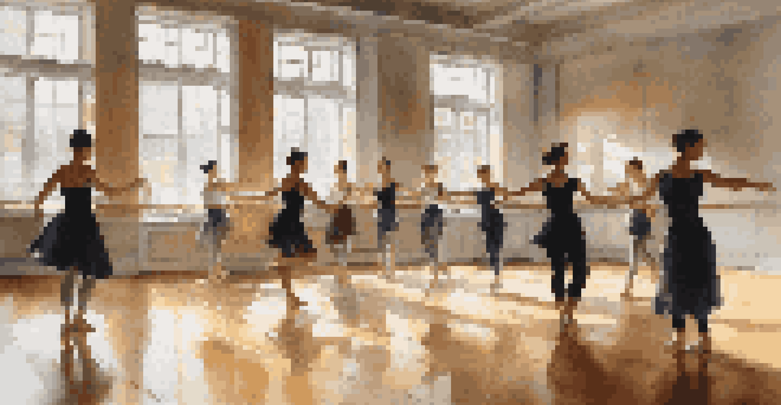 A choreographer guiding dancers in a sunlit rehearsal studio with mirrors and wooden floors.
