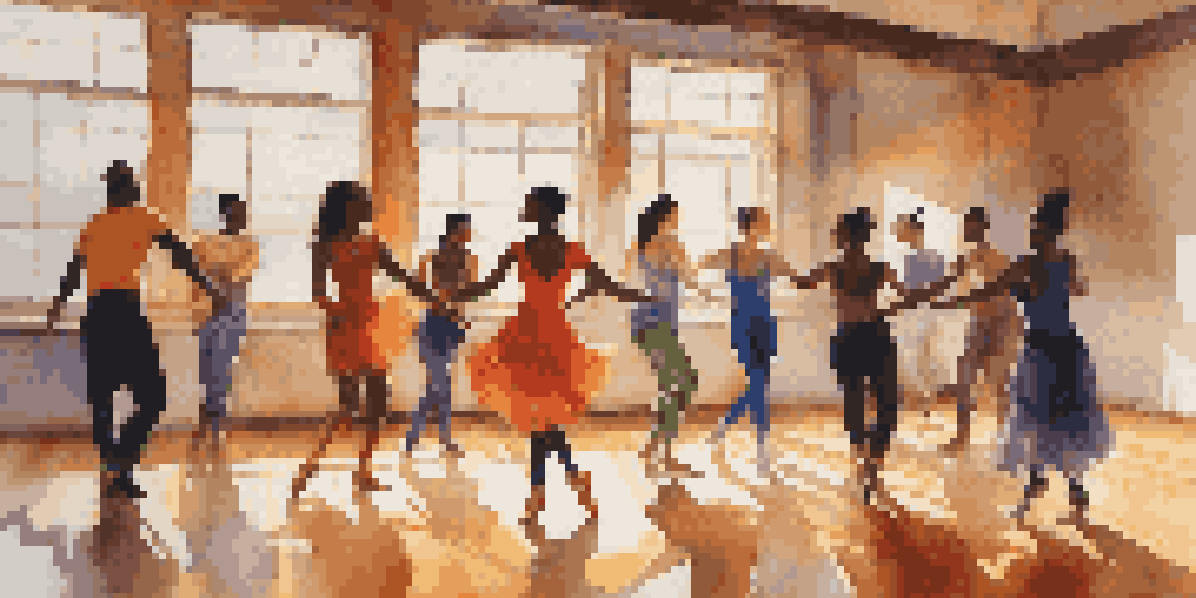 A group of diverse dancers in an energetic improvisational dance performance inside a sunlit studio, showcasing trust and connection.