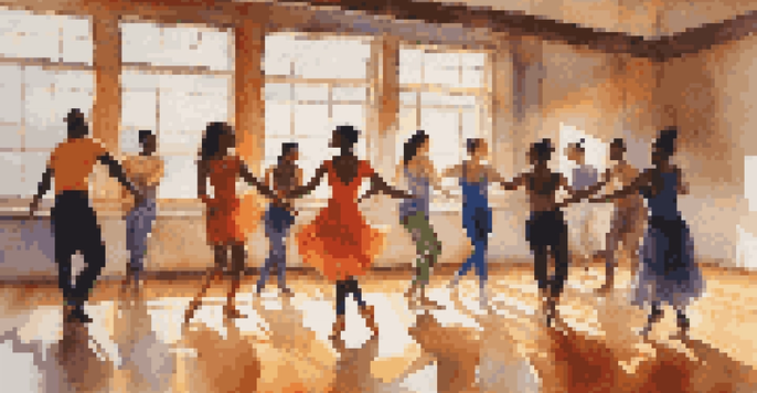 A group of diverse dancers in an energetic improvisational dance performance inside a sunlit studio, showcasing trust and connection.