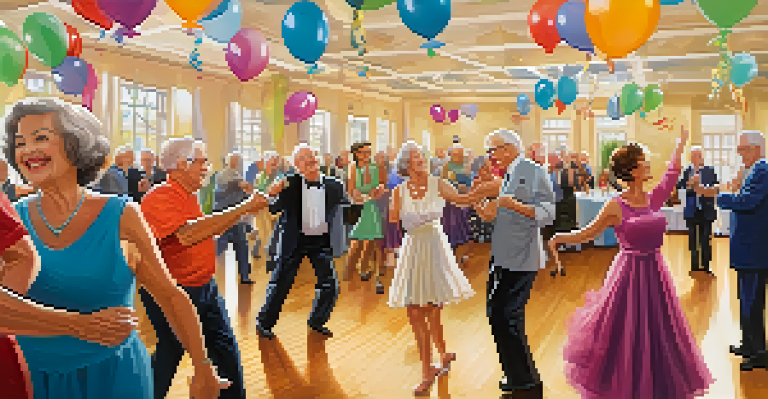 Seniors enjoying a themed dance party, dancing in pairs with decorations and a live band in the background.