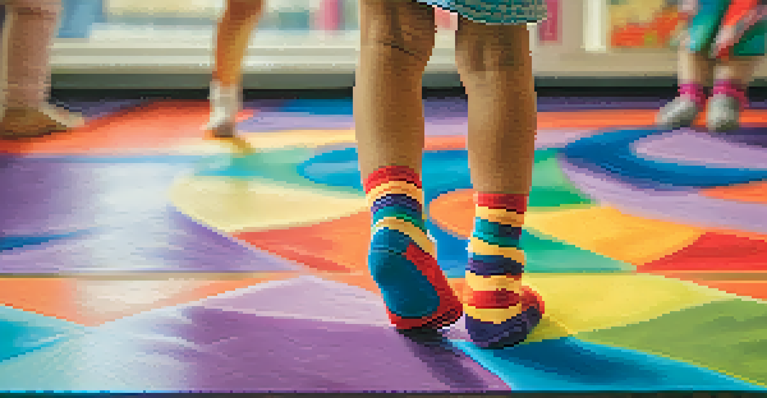 Close-up of a child's feet in colorful socks dancing on a vibrant mat during a dance therapy session.