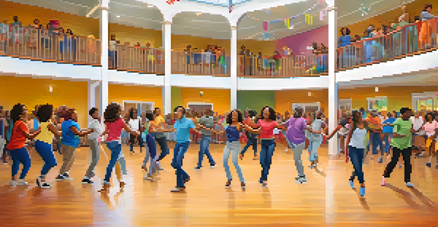 A community center filled with friends of different ages participating in a line dance, surrounded by colorful decorations and a joyful atmosphere.