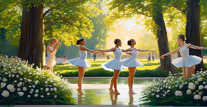 Dancers performing in a green park, mimicking water movements with sunlight filtering through the trees.