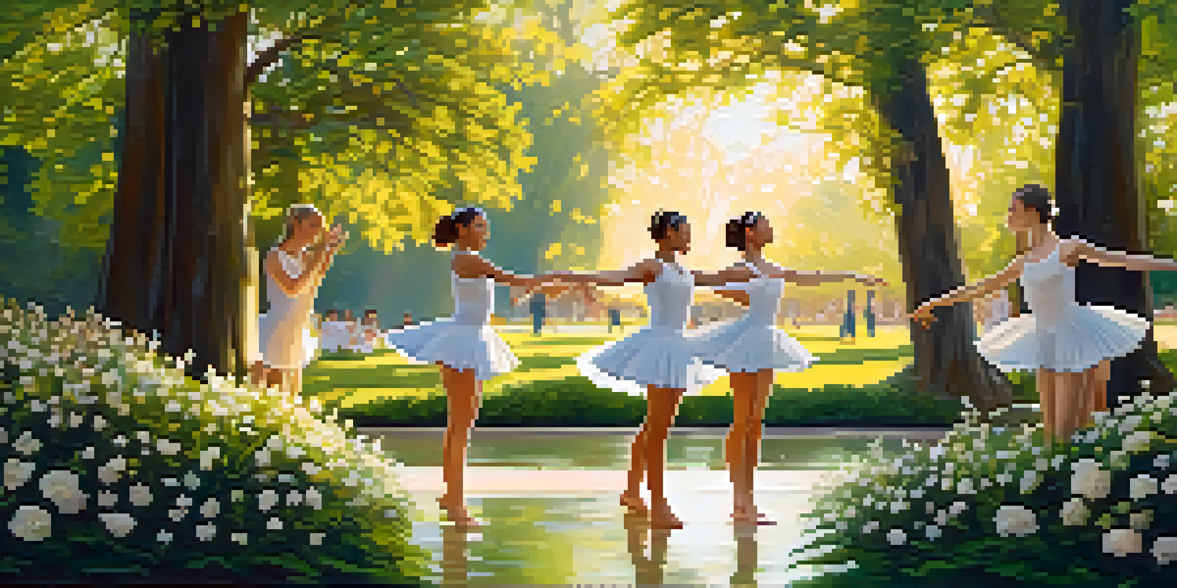 Dancers performing in a green park, mimicking water movements with sunlight filtering through the trees.