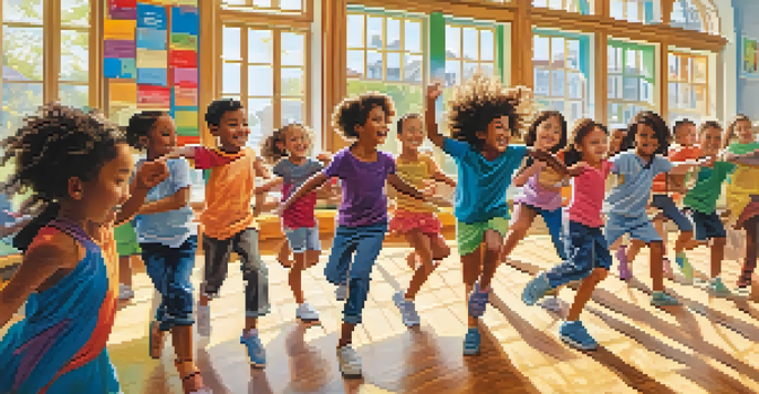 A lively classroom with children of various backgrounds dancing and expressing emotions, filled with colorful art on the walls and bright sunlight.