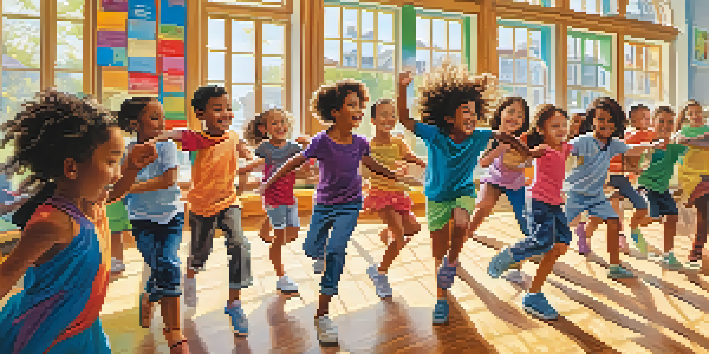 A lively classroom with children of various backgrounds dancing and expressing emotions, filled with colorful art on the walls and bright sunlight.