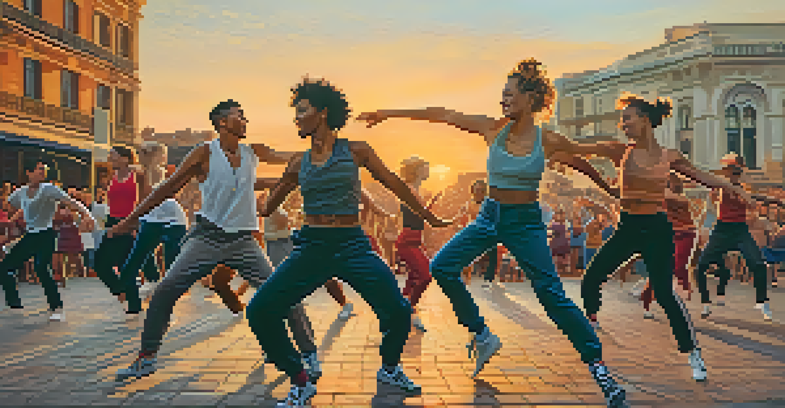 A group of street dancers performing in a city square during sunset, with warm colors and an engaged audience in the background.