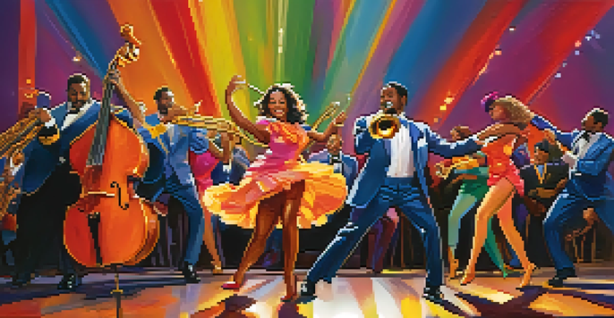 A group of dancers performing jazz dance on stage, surrounded by colorful costumes and vibrant lighting, with a jazz band in the background.