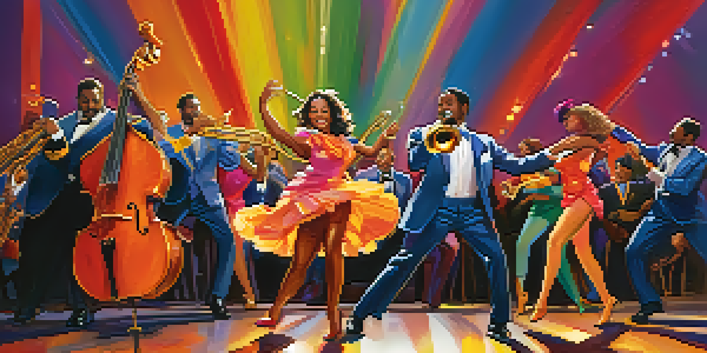 A group of dancers performing jazz dance on stage, surrounded by colorful costumes and vibrant lighting, with a jazz band in the background.