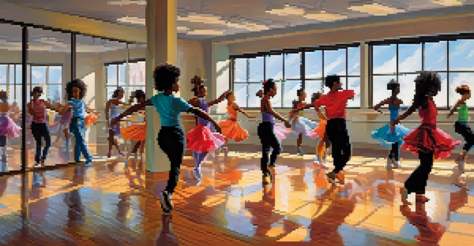 A lively dance studio with dancers practicing different styles, bright sunlight streaming through large windows, and colorful costumes reflecting in mirrors.
