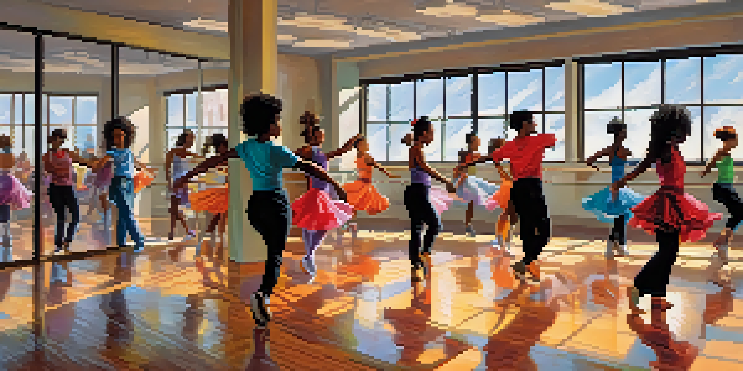 A lively dance studio with dancers practicing different styles, bright sunlight streaming through large windows, and colorful costumes reflecting in mirrors.