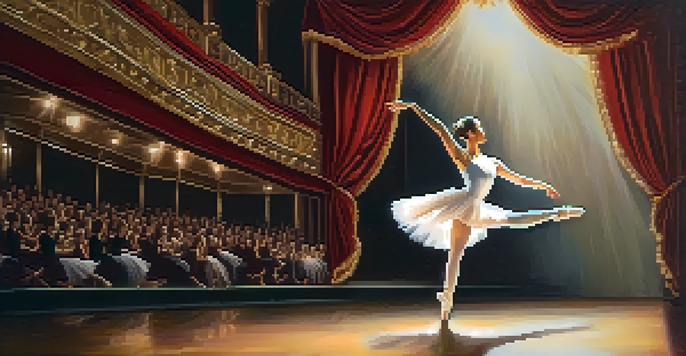 A ballet dancer in a white tutu performing an arabesque on stage with a soft spotlight, against a blurred theater background.