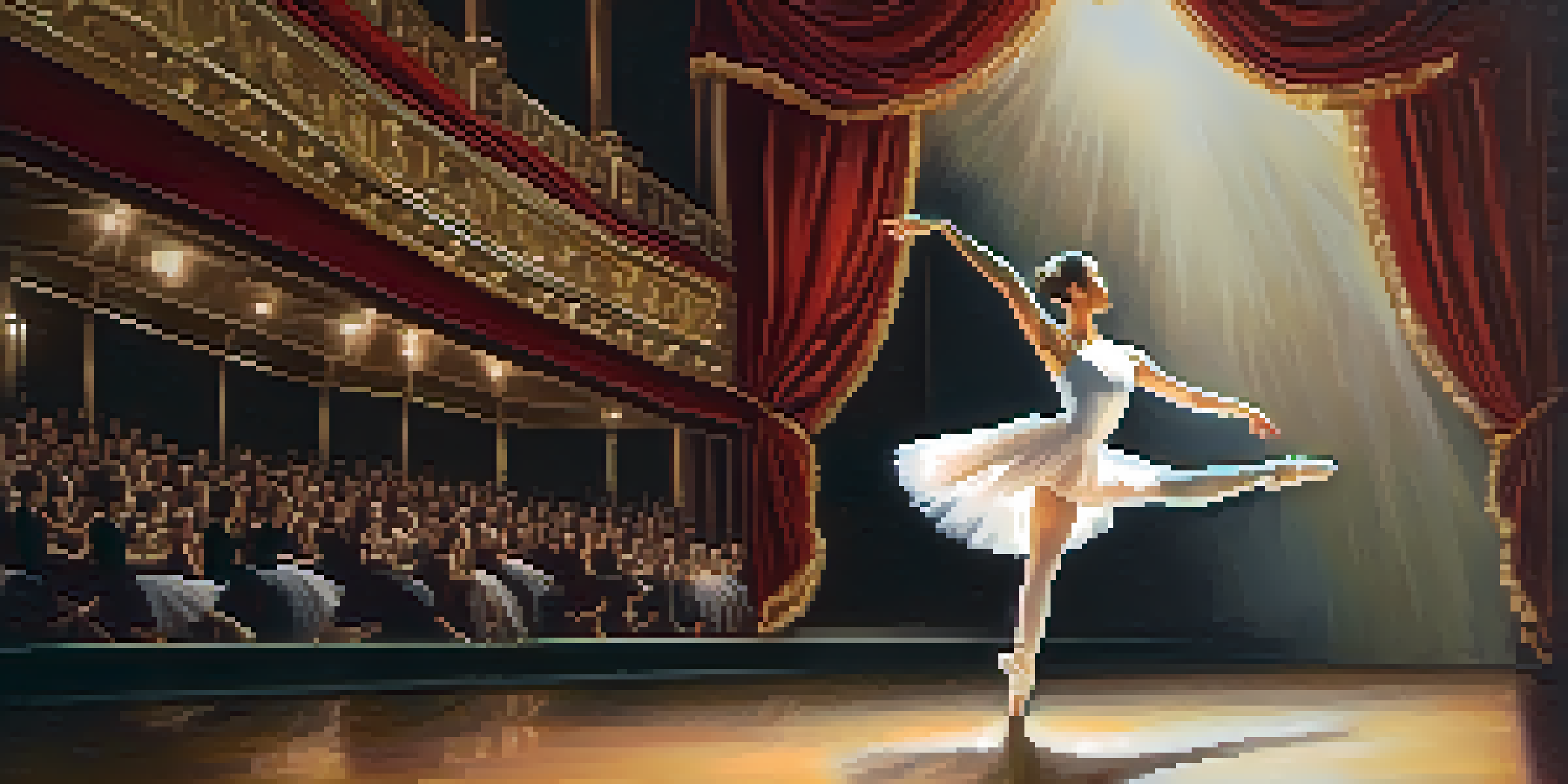 A ballet dancer in a white tutu performing an arabesque on stage with a soft spotlight, against a blurred theater background.