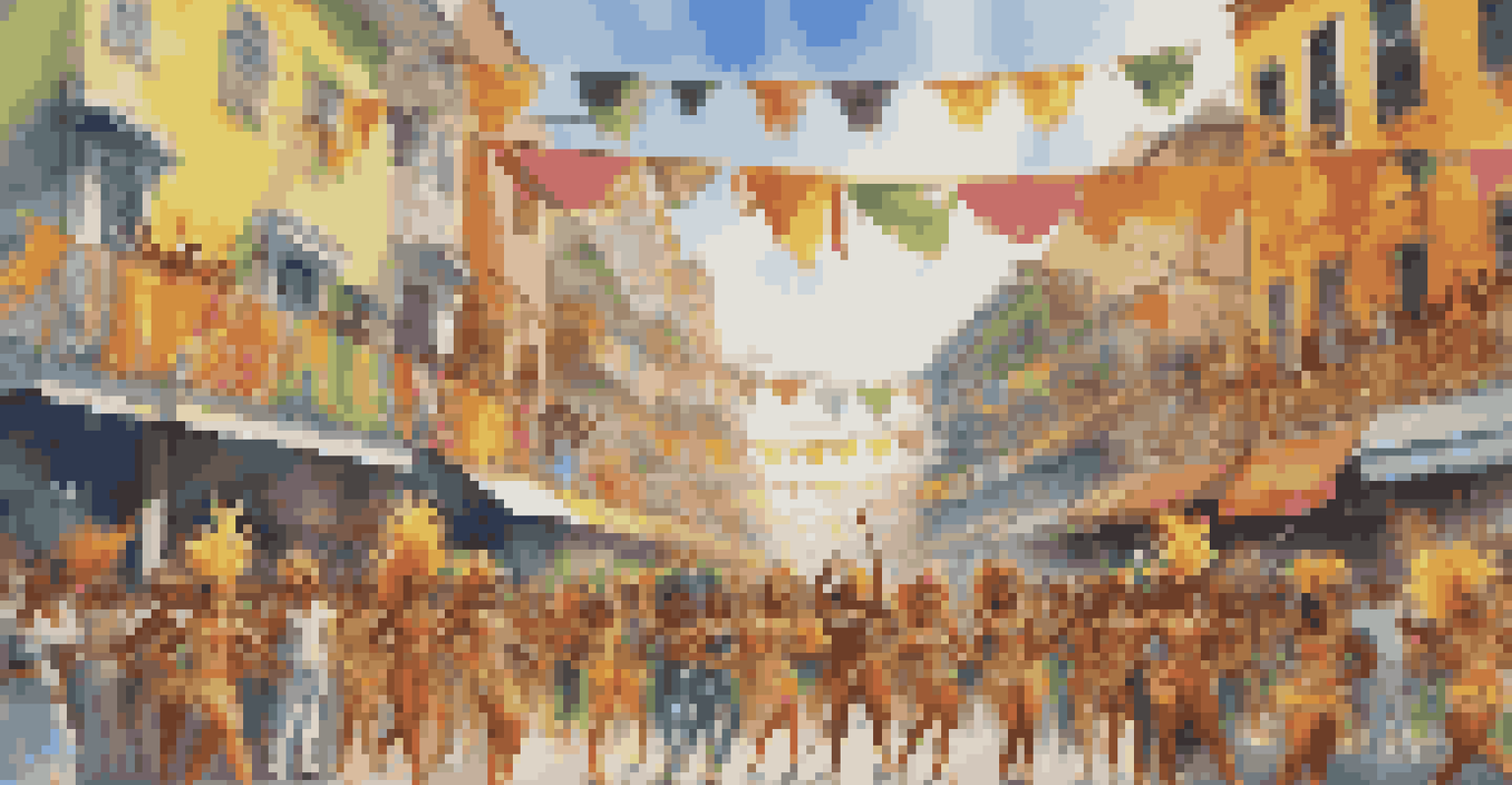 Samba dancers in extravagant costumes with feathers at a Brazilian Carnival, with a lively crowd and colorful decorations in the background.
