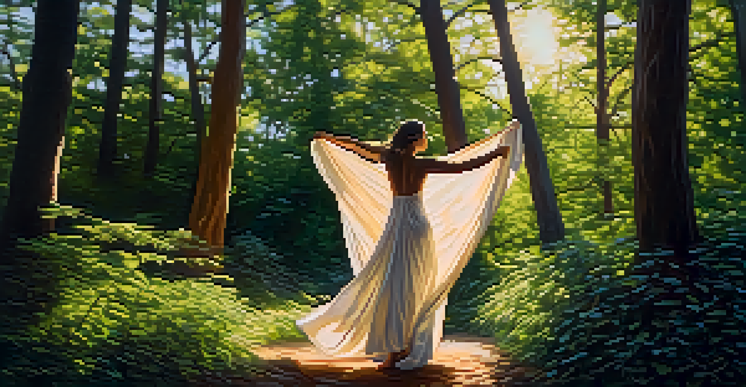 A person dancing freely in an outdoor setting, surrounded by trees and greenery, expressing emotions through movement.