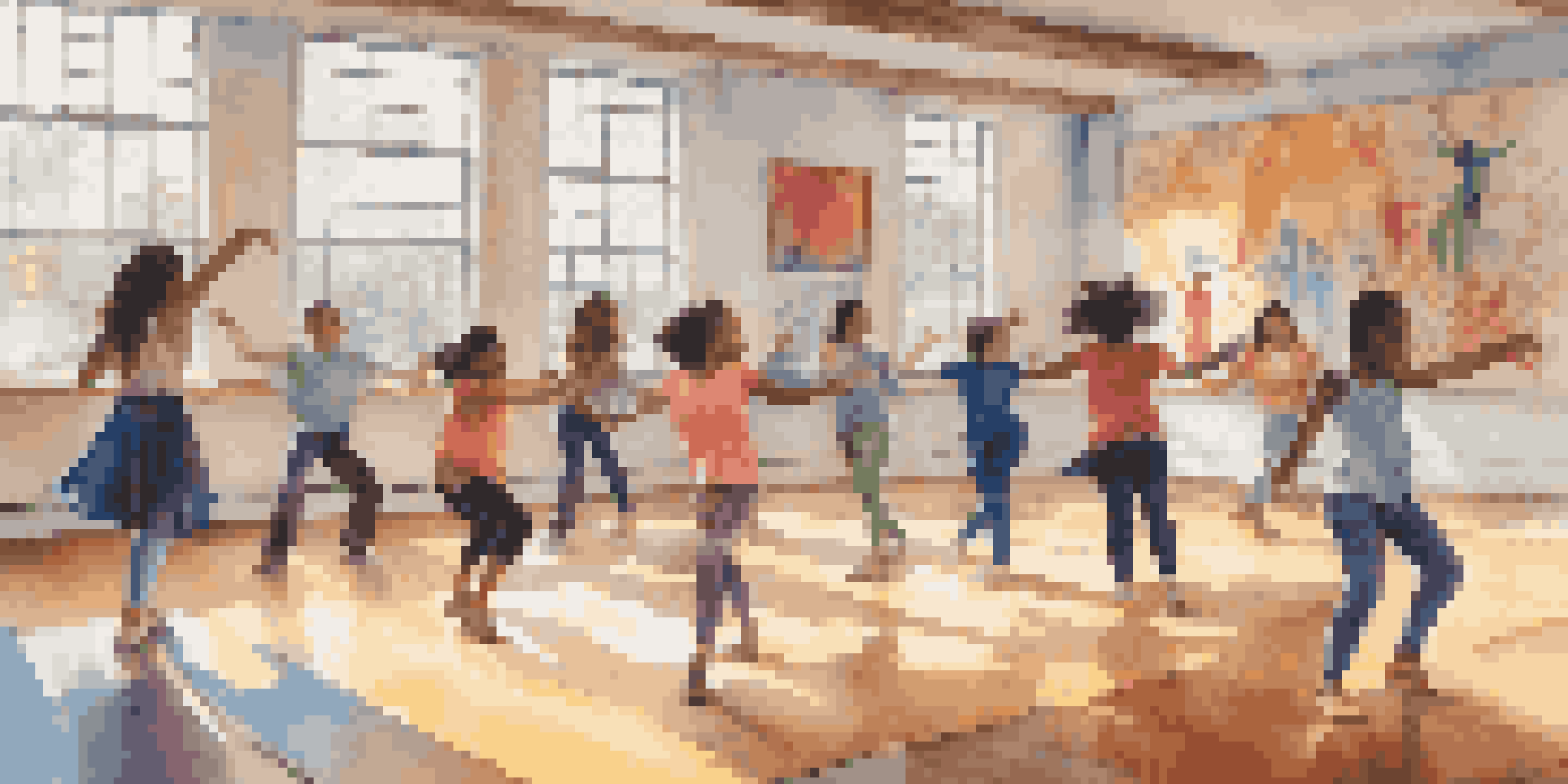 A lively dance classroom where diverse students participate in a group improvisation activity, filled with natural light and colorful decor.