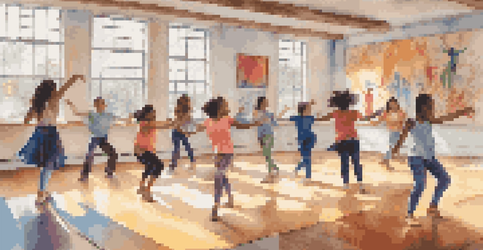 A lively dance classroom where diverse students participate in a group improvisation activity, filled with natural light and colorful decor.