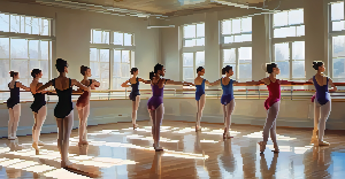A bright dance studio with dancers practicing ballet, wearing colorful leotards, captured mid-pose in front of mirrors.