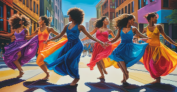 A diverse group of women dancers in colorful costumes performing contemporary dance in an urban setting with street art.