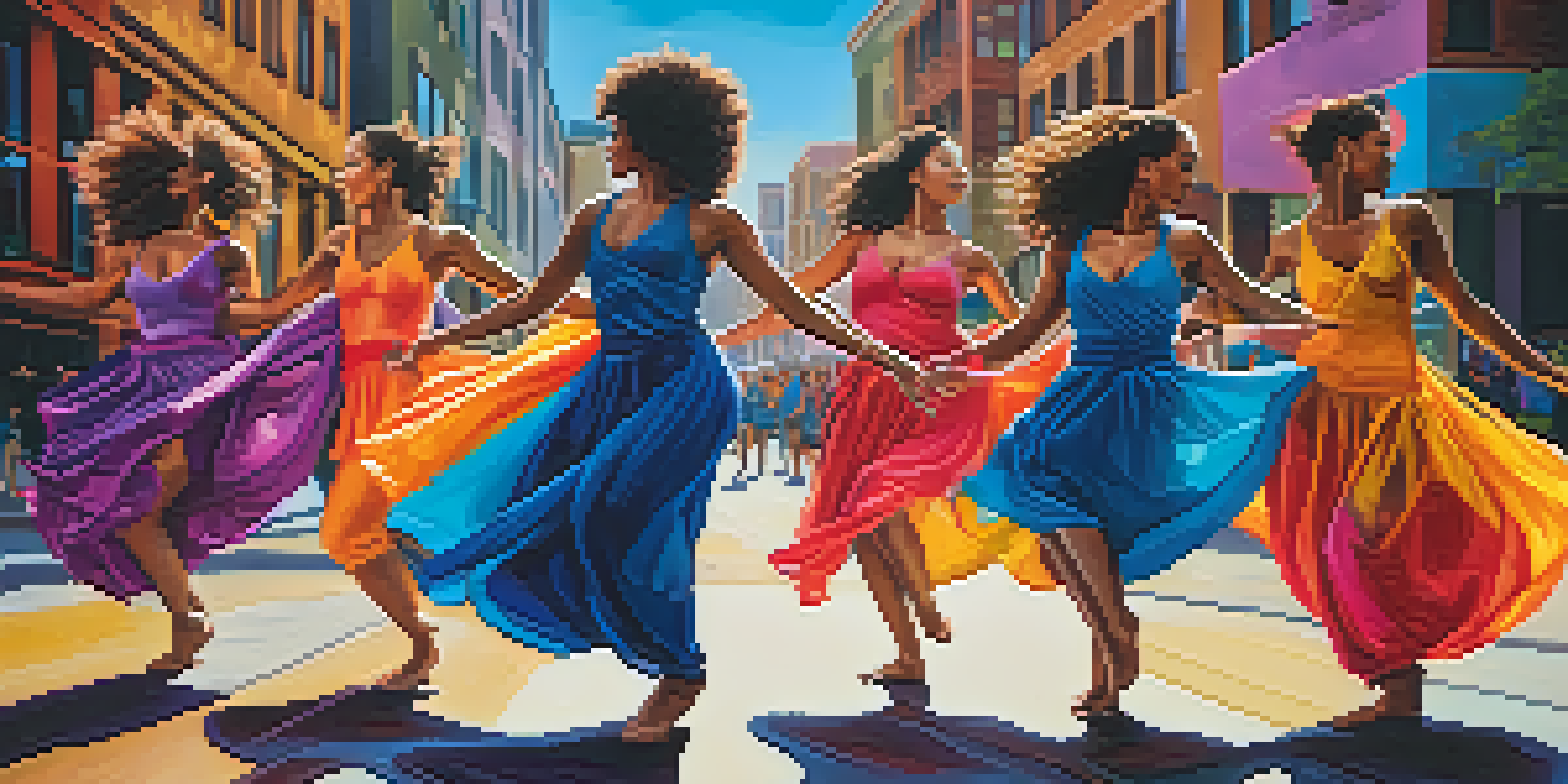 A diverse group of women dancers in colorful costumes performing contemporary dance in an urban setting with street art.